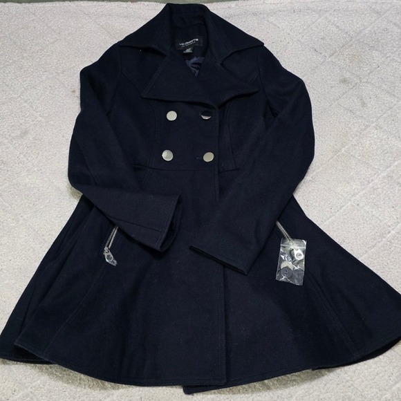 Liz Claiborne Navy Blue Wool Blend Pea Coat Fit Flare Double Breasted Small NWT - Picture 13 of 14